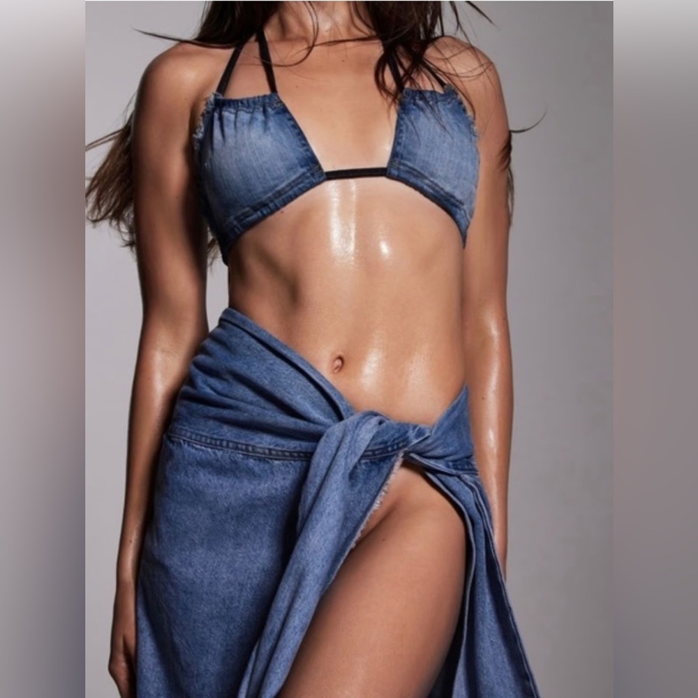 Skims RARE Denim Swim Sarong Skirt Cover Up in Denim Wash Jean NWT